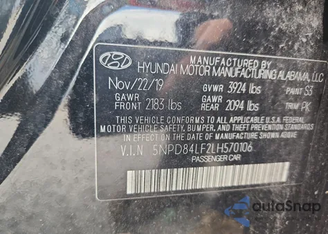 2020 Hyundai Elantra Sel из США, поврежденный, VIN 5NPD84LF2LH570106